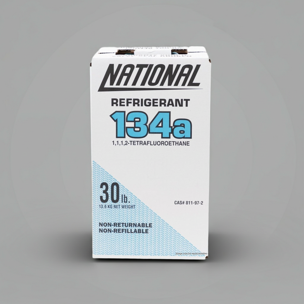 Maxicool Refrigerants R-134A refrigerant canister, 30 lbs, with label showing product details and safety information.