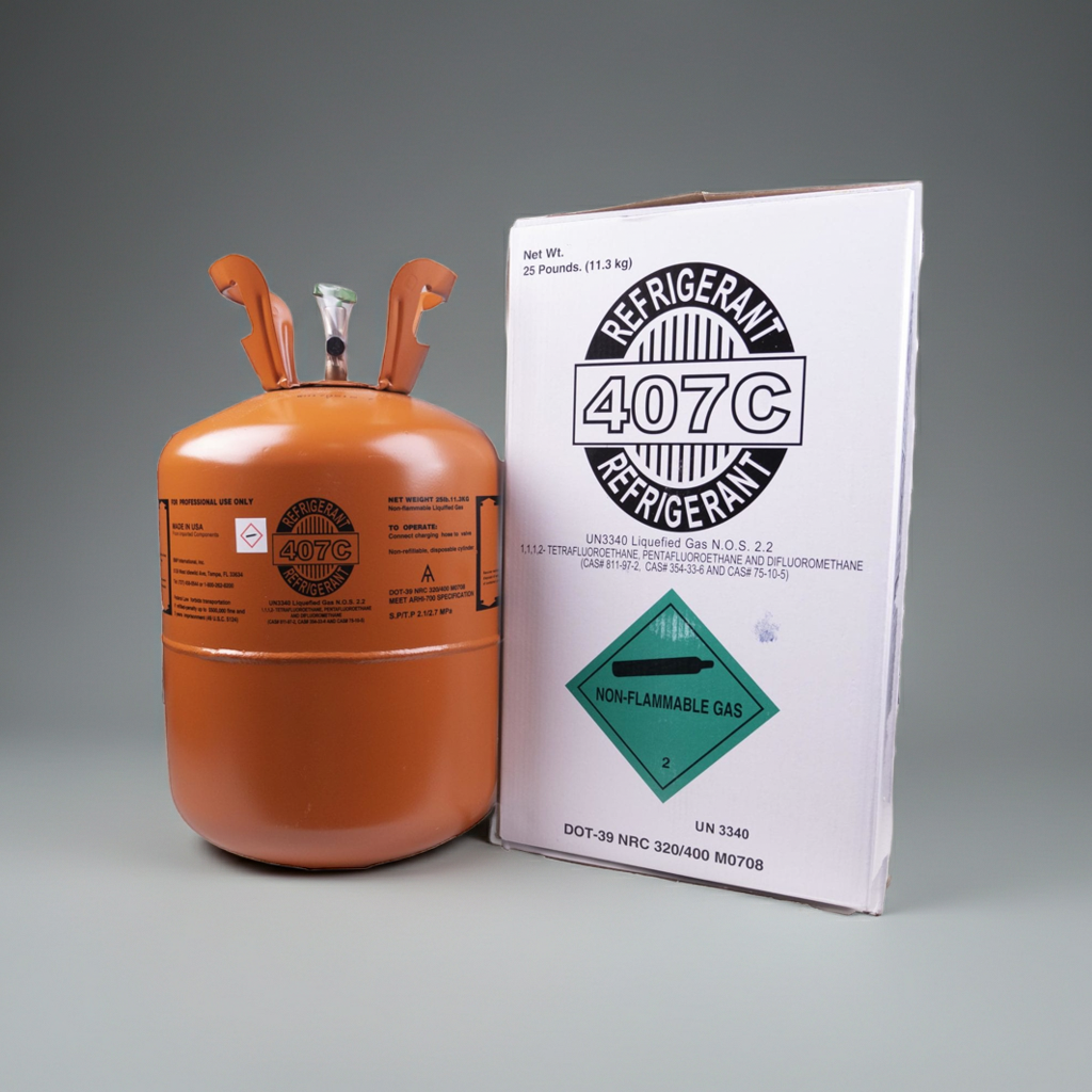 25 lbs of Maxicool R-407C refrigerant in a metal cylinder for HVAC cooling systems.