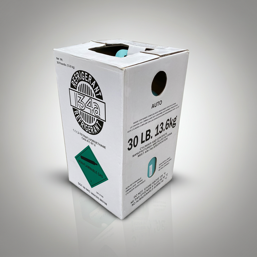 30 lbs Maxicool R-134A refrigerant container, professional-grade refrigerant for air conditioning and refrigeration systems.
