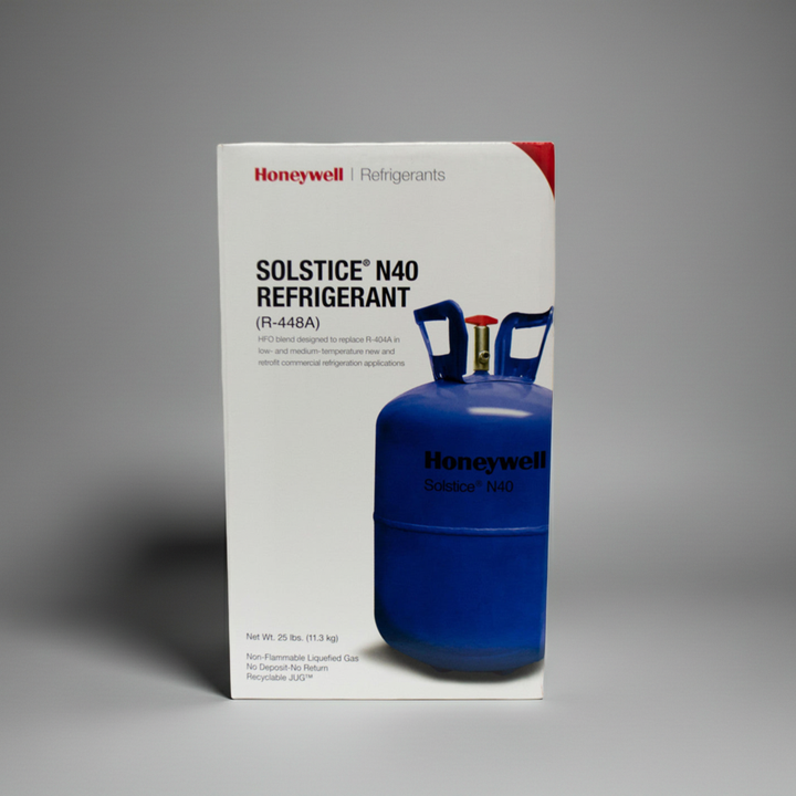 A white Honeywell Solstice N40 Refrigerant box standing upright on a gray studio background, with a blue refrigerant can pictured on the front and Honeywell branding visible.