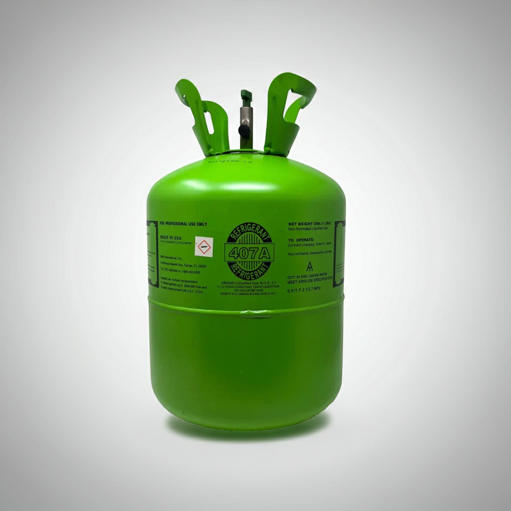 25-pound Maxicool R-407A refrigerant bottle, industrial-grade refrigerant for HVAC systems, with label and safety markings visible.