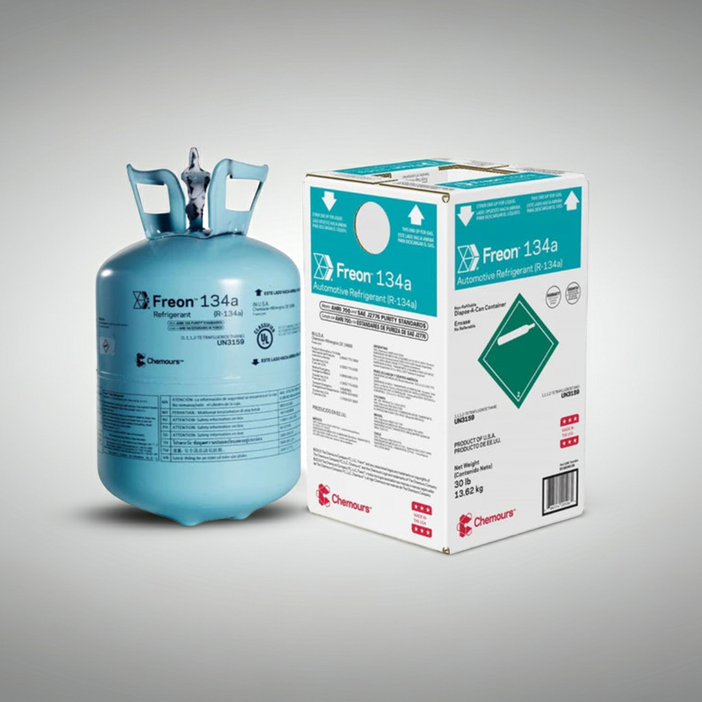 Maxicool Refrigerants R-134A refrigerant 30 lbs container, industrial cooling and air conditioning product, with safety labels visible.